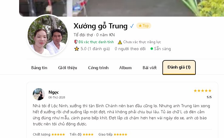 Hồ sơ nhà thầu Xưởng gỗ Trung trên Sweet Home với nhãn đã xác thực danh tính và đánh giá 5 sao